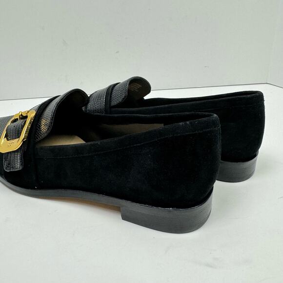 NEW Vince Camuto Cenkanda Black Leather & Suede Gold Buckle Slip On Loafer Flat - Picture 9 of 12